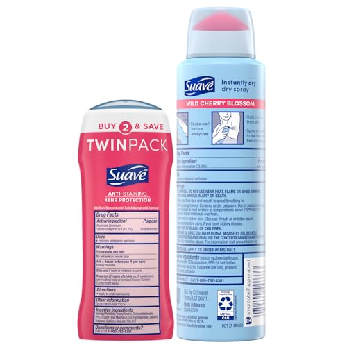 Suave Wild Cherry Blossom Deodorant for Women – Invisible Antiperspirant 2-Pack + Dry Spray, 48H Protection