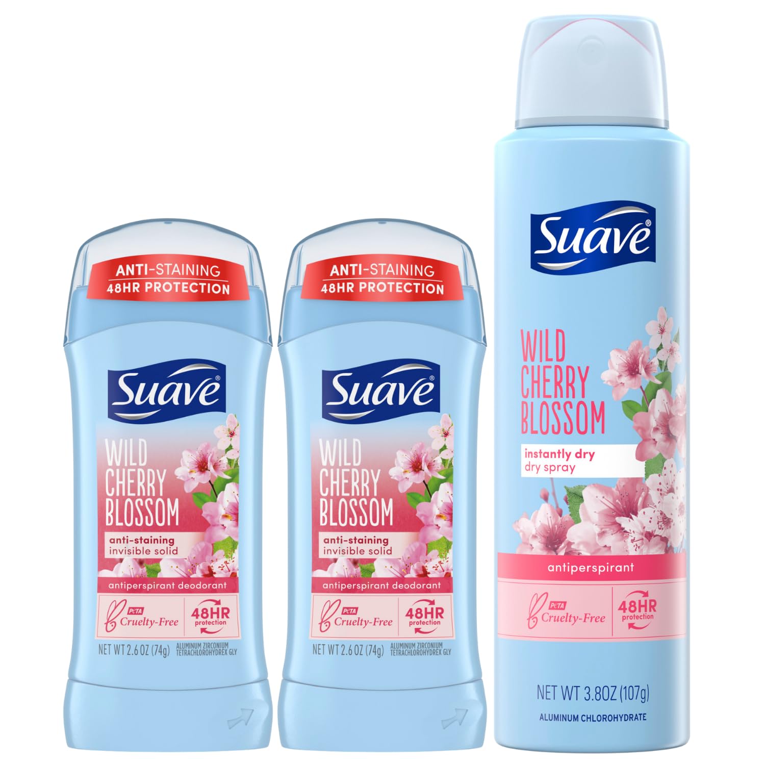 Suave Wild Cherry Blossom Deodorant for Women – Invisible Antiperspirant 2-Pack + Dry Spray, 48H Protection