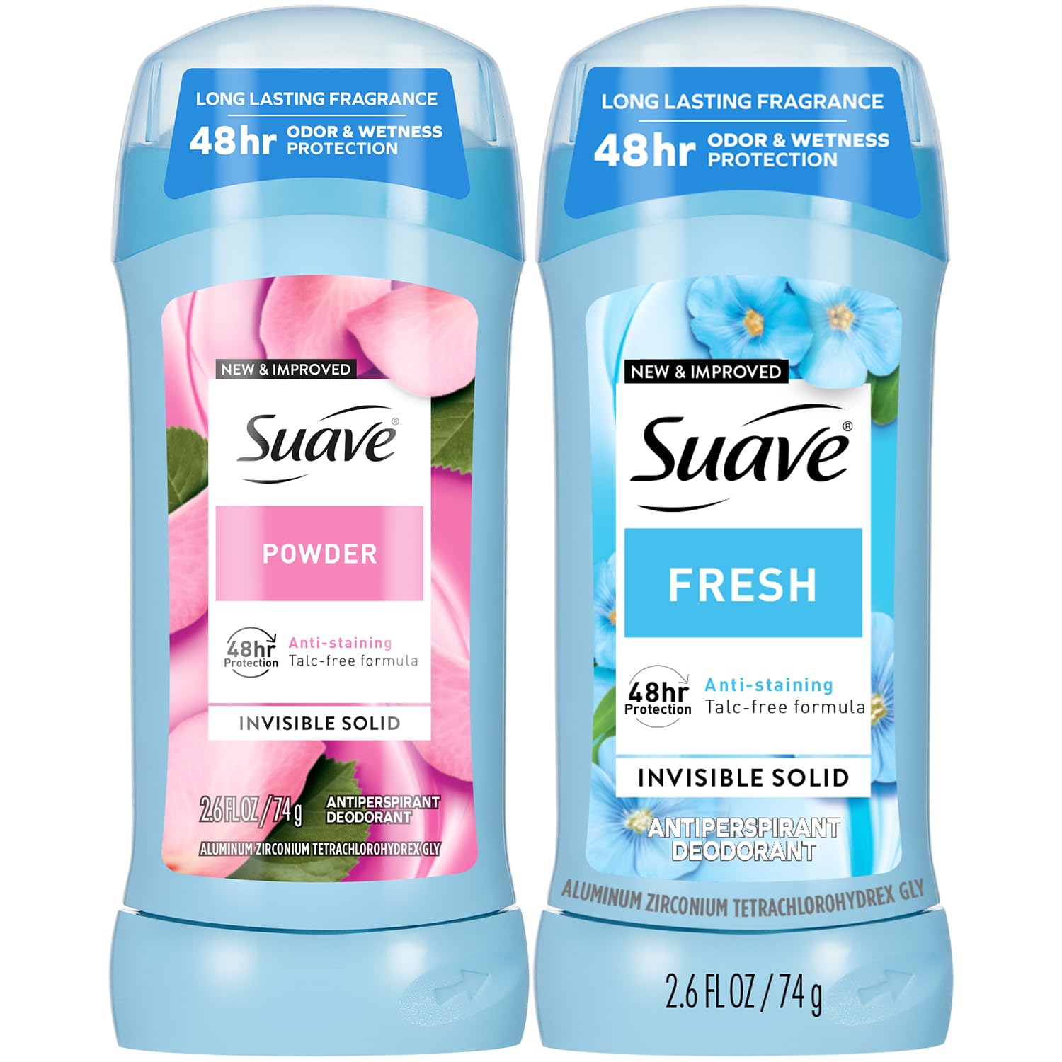  Suave Antiperspirant Deodorant for Women - Fresh & Powder Variety 2-Pack | Talc-Free, Anti-Staining Invisible Solid Sti