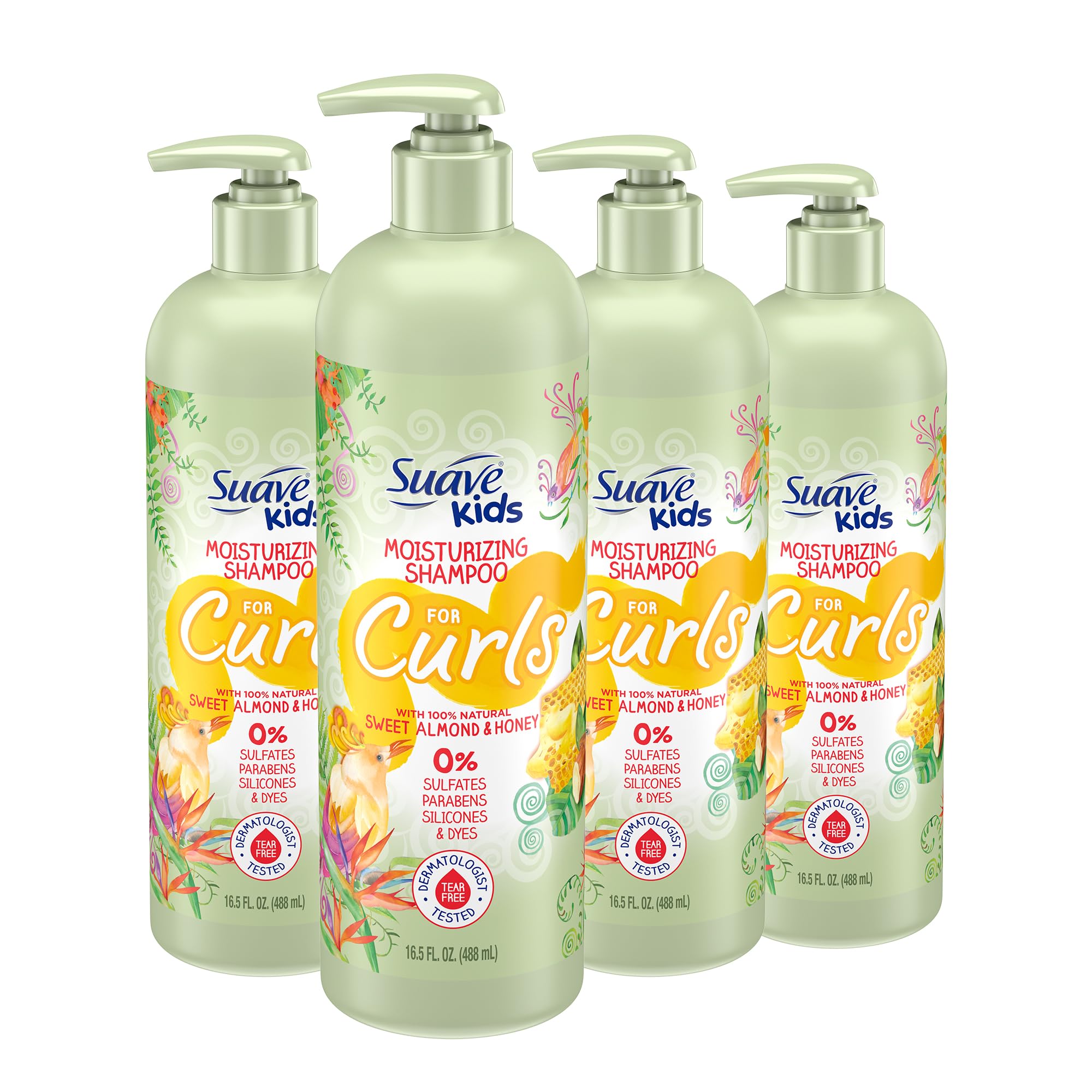 Suave Kids Natural Tear Free Sweet Almond Honey Curly Hair Shampoo, No Sulfates, No Parabens, No Silicones, No Dyes, 16